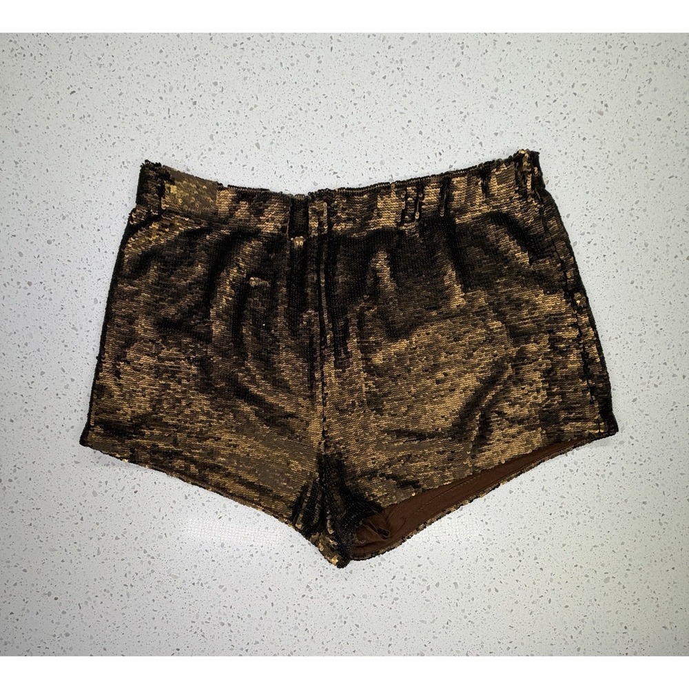Free People Short Shorts Gold Sequin Mid Rise Regular Fit Elastic Waist Size L